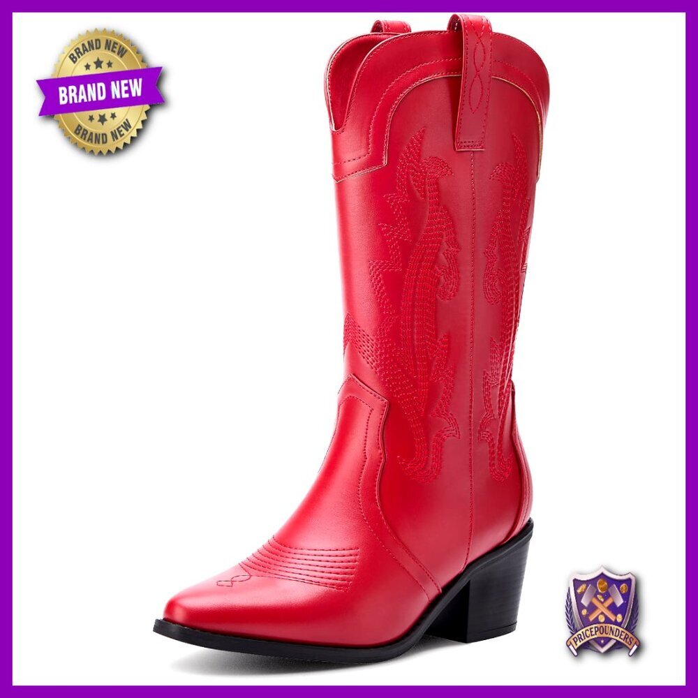 Western Cowgirl Boots Pointed Toe Embroidered Chunky Heel Mid Calf Vintage